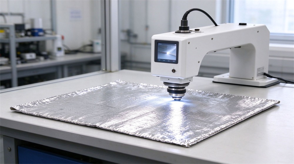 Overhead view of heavy duty protective aluminized heat protective suit, Aluminized heat protective suit fabric reflectivity test in laboratory, radiant heat suit, demonstrating professional info use in industrial safety environment, designed for wholesale bulk supply and industrial safety procurement. Overhead view of heavy duty protective aluminized heat protective suit, Aluminized heat protective suit fabric reflectivity test in laboratory, radiant heat suit, demonstrating professional info use in industrial safety environment, designed for wholesale bulk supply and industrial safety procurement.