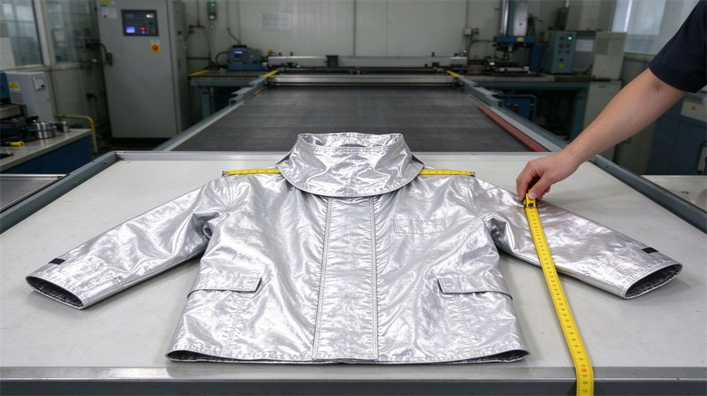 Overhead view of heavy duty protective aluminized heat protective suit, Aluminized heat protective suit size chart measurement guide with tape measure, steel, demonstrating professional product use in industrial safety environment, designed for wholesale bulk supply and industrial safety procurement. Overhead view of heavy duty protective aluminized heat protective suit, Aluminized heat protective suit size chart measurement guide with tape measure, steel, demonstrating professional product use in industrial safety environment, designed for wholesale bulk supply and industrial safety procurement.