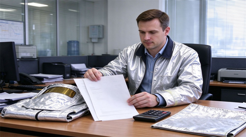 Macro detail of heavy duty protective aluminized heat protective suit, Procurement manager comparing aluminized heat suit cost per shift quote and sample,, demonstrating professional info use in industrial safety environment, designed for wholesale bulk supply and industrial safety procurement. Macro detail of heavy duty protective aluminized heat protective suit, Procurement manager comparing aluminized heat suit cost per shift quote and sample,, demonstrating professional info use in industrial safety environment, designed for wholesale bulk supply and industrial safety procurement.