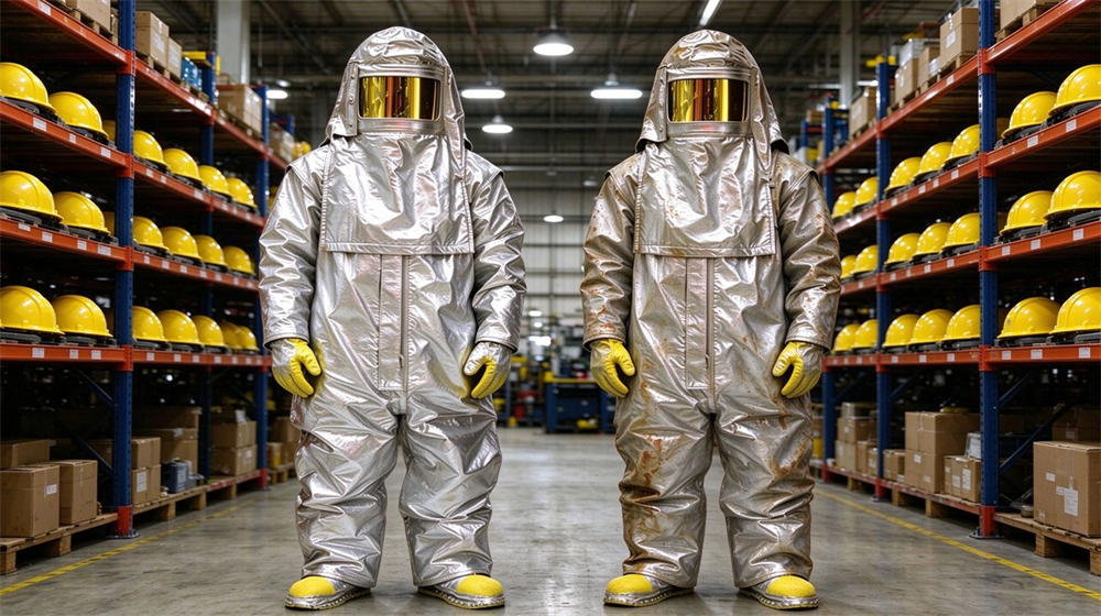 Front view of heavy duty protective aluminized heat protective suit, Aluminized heat protective suit replacement rate comparison new vs worn suit in, demonstrating professional comparison use in industrial safety environment, designed for wholesale bulk supply and industrial safety procurement. Front view of heavy duty protective aluminized heat protective suit, Aluminized heat protective suit replacement rate comparison new vs worn suit in, demonstrating professional comparison use in industrial safety environment, designed for wholesale bulk supply and industrial safety procurement.