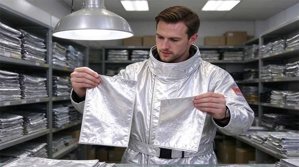 Aerial perspective of heavy duty protective aluminized heat protective suit, Aluminized heat protective suit fabric sample comparison by wholesale buyer, costmir aluminized, demonstrating professional comparison use in industrial safety environment, designed for wholesale bulk supply and industrial safety procurement. Aerial perspective of heavy duty protective aluminized heat protective suit, Aluminized heat protective suit fabric sample comparison by wholesale buyer, costmir aluminized, demonstrating professional comparison use in industrial safety environment, designed for wholesale bulk supply and industrial safety procurement.