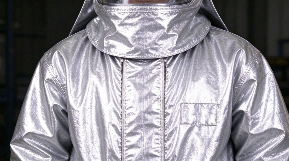 45 degree angle of heavy duty protective aluminized heat protective suit, Aluminized heat protective suit chest custom logo blue branding close up, steel, demonstrating professional product use in industrial safety environment, designed for wholesale bulk supply and industrial safety procurement. 45 degree angle of heavy duty protective aluminized heat protective suit, Aluminized heat protective suit chest custom logo blue branding close up, steel, demonstrating professional product use in industrial safety environment, designed for wholesale bulk supply and industrial safety procurement.