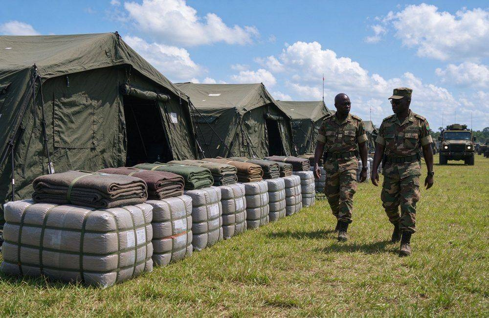 African soldiers inspecting stacked compressed blanket bales beside military tents under a bright blue sky, showing military shelter supplies for relief operations