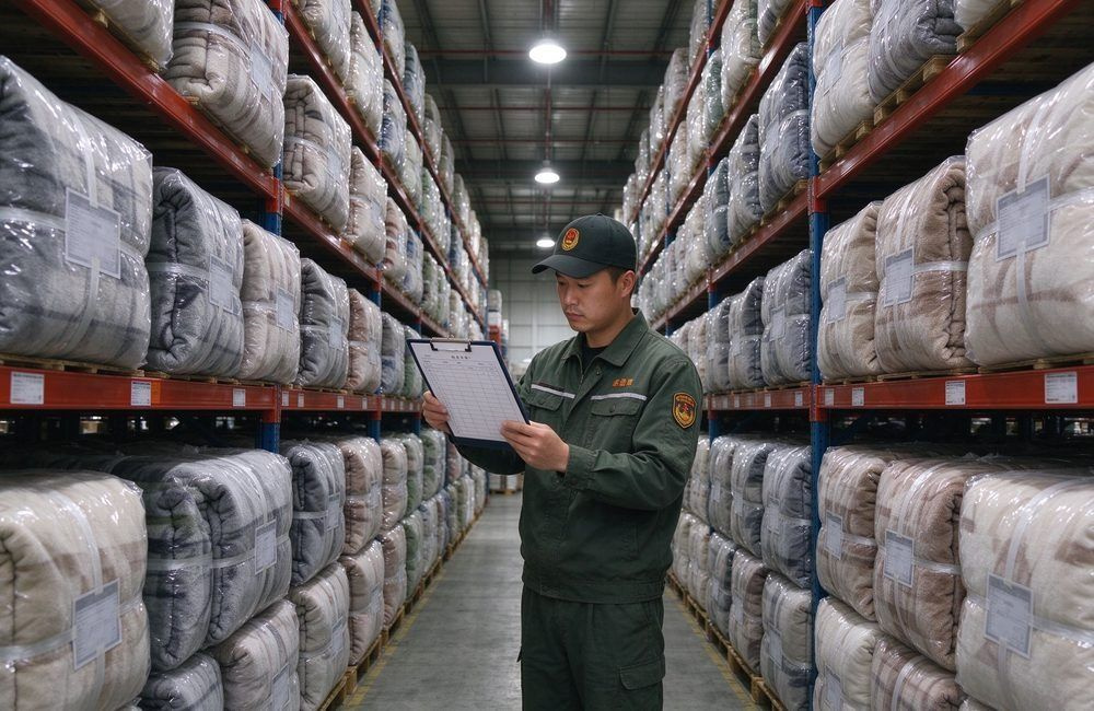 Asian warehouse manager checking tall shelves stacked with vacuum-compressed relief blanket bales in a bright national stockpile warehouse, showing national stockpile blankets for government programs