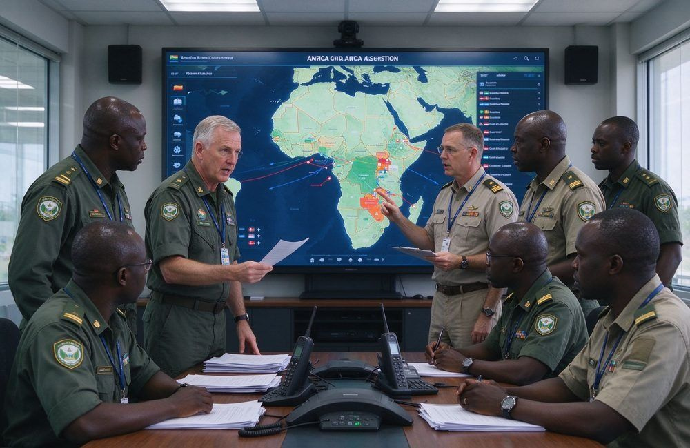 African emergency operations staff coordinating relief deliveries around a large map screen in a bright command center, showing disaster response procurement planning for Africa