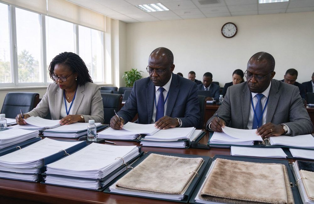 African tender evaluation panel members reviewing supplier bid documents around a bright conference table with blanket samples, showing public tender compliance for relief goods