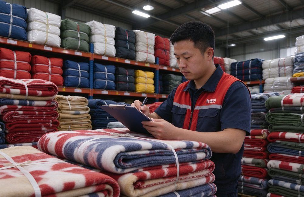 Asian civil defence worker counting stacked relief blankets with a record board in a bright warehouse, showing civil defense supplies Africa stock management