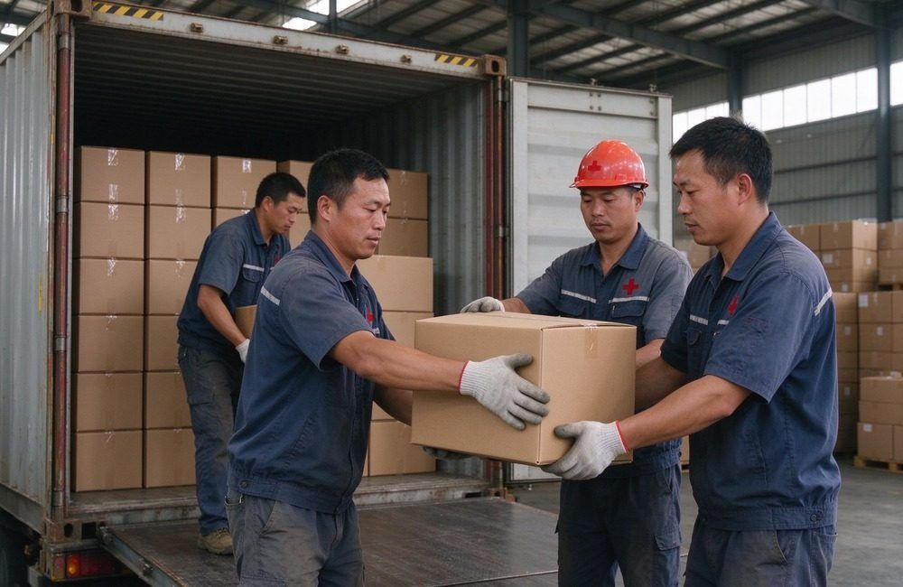 Workers loading relief blanket cartons into containers at a bright dock for government orders, showing military shelter supplies ocean freight delivery