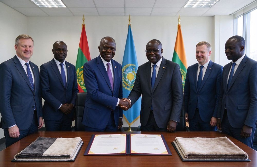 African government officials and supplier representatives shaking hands at a bright framework agreement signing table, showing government framework agreements for relief procurement