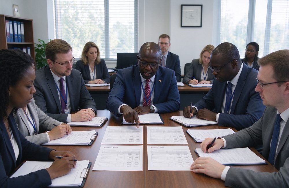 African procurement officials comparing supplier price sheets at a bright office table with a pen pointing at price columns, showing disaster response procurement pricing evaluation