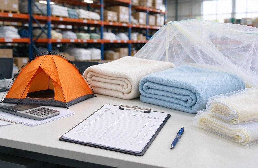 Relief procurement checklist document with pen on a bright desk beside blanket bales, showing government RFQ compliance for relief goods