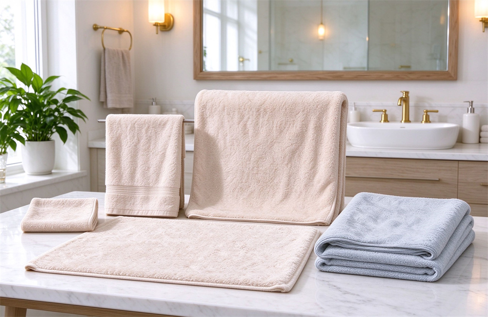 Five types of beige and light blue cotton hotel towels arranged on white marble vanity in bright hotel bathroom, washcloth hand towel bath towel set