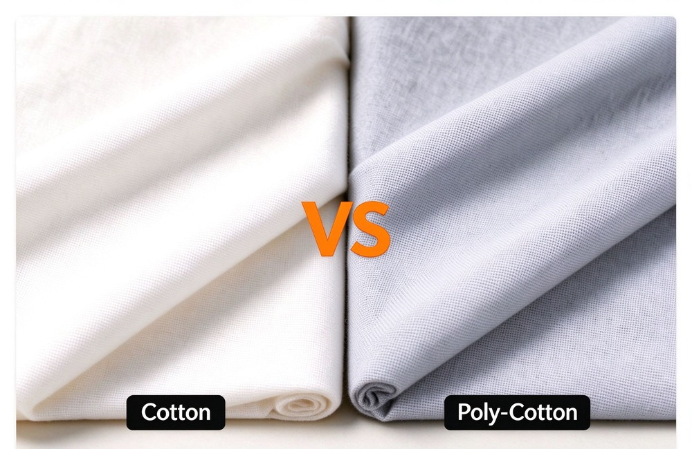 Side by side fabric comparison labeled Cotton and Poly-Cotton with orange VS sign, showing 100 percent cotton versus poly cotton towel texture for hotel spa towels wholesale buyers Side by side fabric comparison labeled Cotton and Poly-Cotton with orange VS sign, showing 100 percent cotton versus poly cotton towel texture for hotel spa towels wholesale buyers