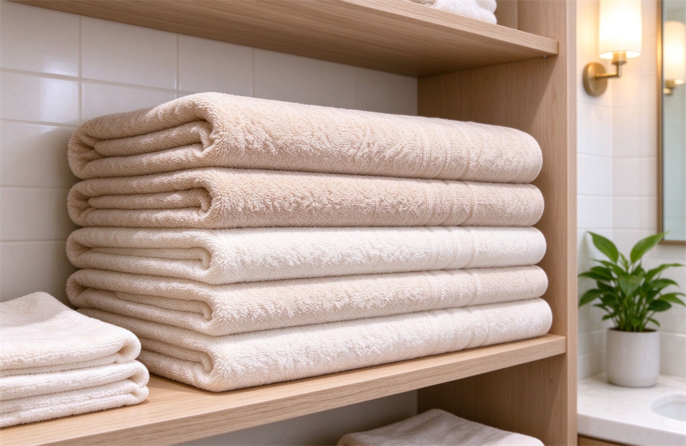 Neat stack of soft beige folded cotton bath towels on wooden shelf in bright hotel bathroom with white tiles, plush hotel bath towel wholesale
