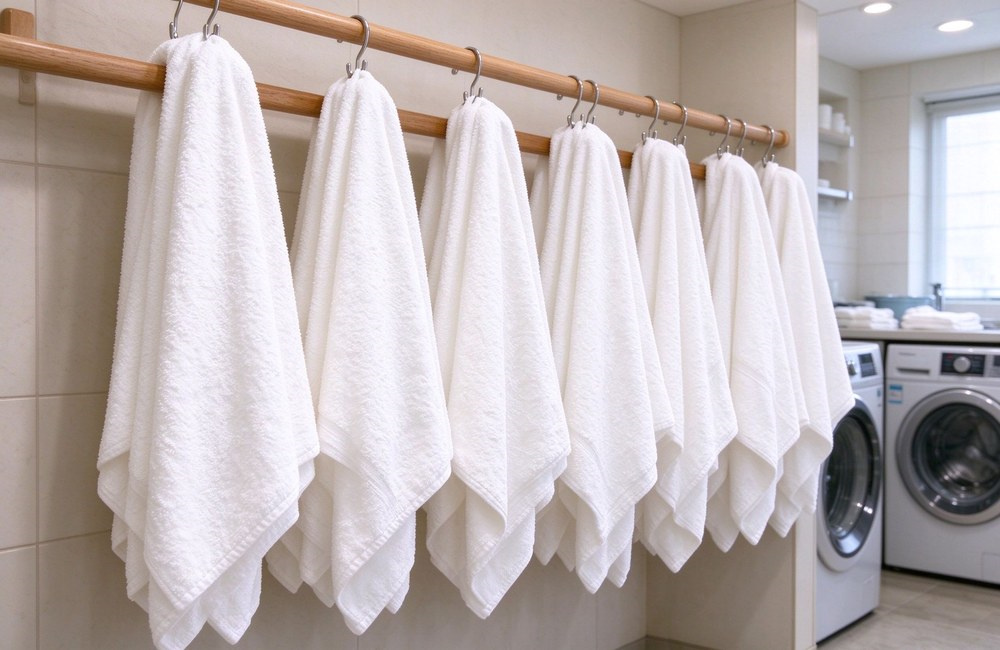 Plush white bath towels hanging in rows on wooden rail in bright hotel laundry room, showing thickness and absorbency of 100 cotton towels for spa hotel wholesale Plush white bath towels hanging in rows on wooden rail in bright hotel laundry room, showing thickness and absorbency of 100 cotton towels for spa hotel wholesale