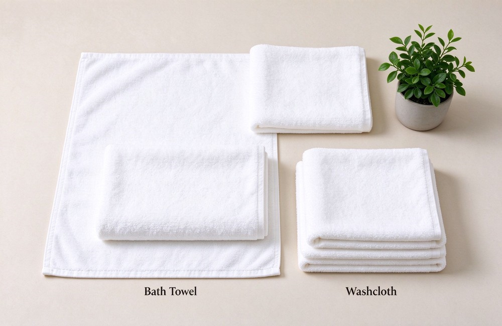 Top down flat lay of folded white cotton hotel towel set bath hand washcloth arranged spa style with small plant face hand bath towels hotel spa towel program wholesale hotel spa towels wholesale