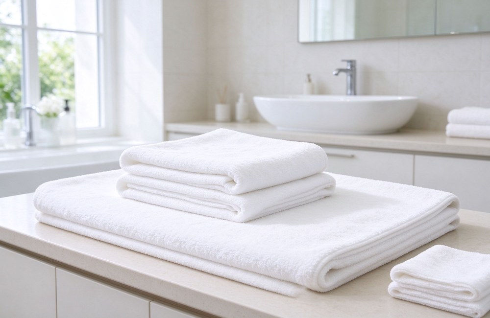 Folded white cotton bath mat stacked with hand towels on bright spa counter small washcloth set hotel bath towels and bath mat combination wholesale custom size program hotel spa towels wholesale factory direct China supply bulk order sample available Folded white cotton bath mat stacked with hand towels on bright spa counter small washcloth set hotel bath towels and bath mat combination wholesale custom size program hotel spa towels wholesale factory direct China supply bulk order sample available