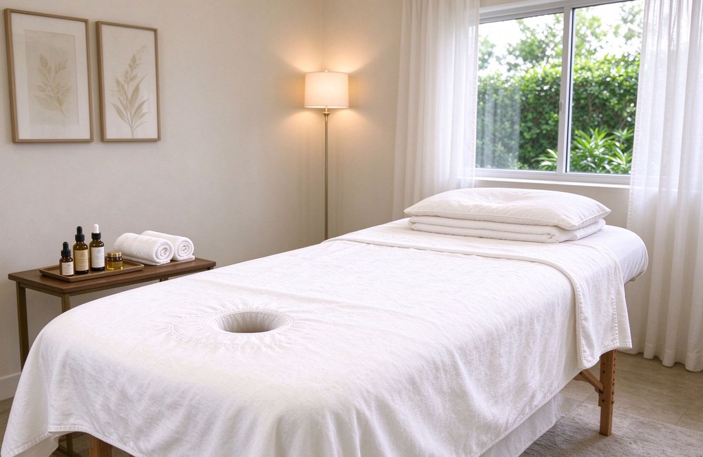 White spa massage table towel with face hole opening laid ready with breast pillow cover, oils and rolled towels on side table for hotel spa towel suppliers White spa massage table towel with face hole opening laid ready with breast pillow cover, oils and rolled towels on side table for hotel spa towel suppliers