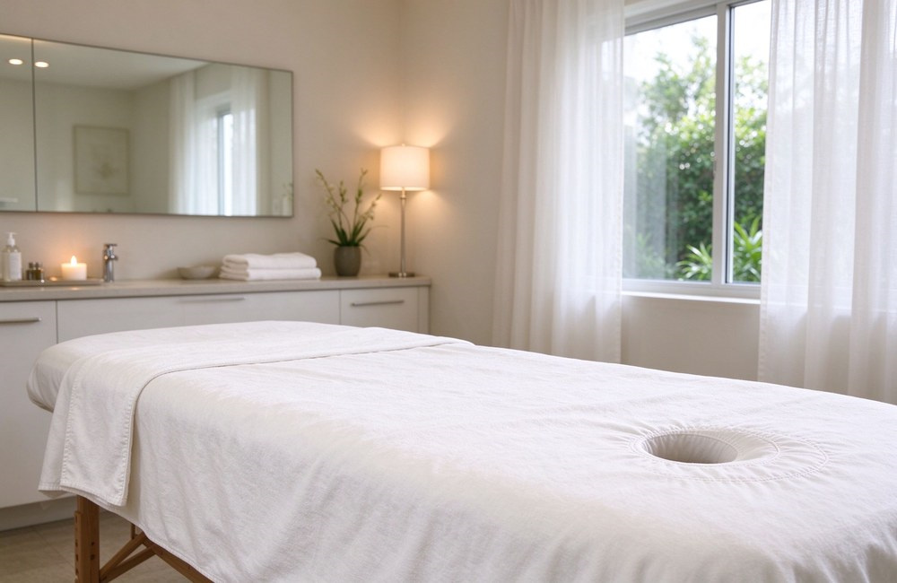 White cotton SPA massage table cover towel laid over treatment table with round face hole at head spa towels wholesale massage table cover with face opening bright spa room hotel spa towels wholesale White cotton SPA massage table cover towel laid over treatment table with round face hole at head spa towels wholesale massage table cover with face opening bright spa room hotel spa towels wholesale