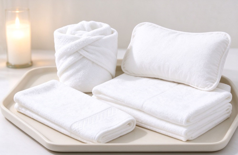 Neat display of small white cotton SPA towels foot towel head wrap and breast pillow cover on light spa tray with candle spa towels wholesale complete set order hotel spa towels wholesale factory direct China supply