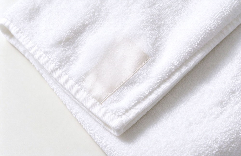 Closeup of folded white cotton hotel towel plain satin band corner ready for custom embroidery neat stitched edge satin border towels logo surface hotel brand custom logo towels hotel spa towels wholesale factory direct China supply