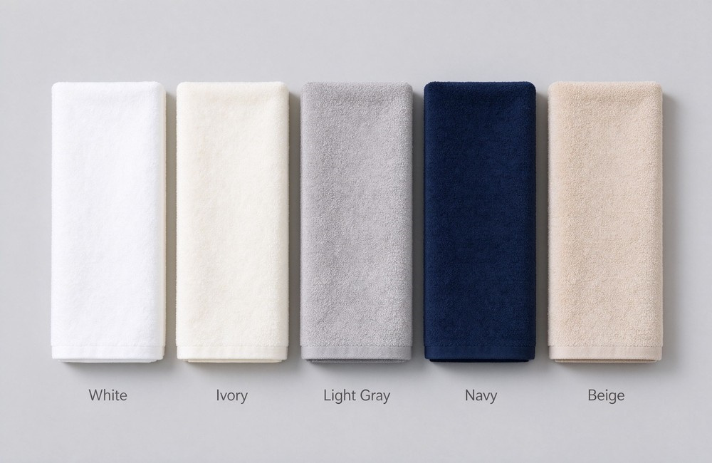 Neatly folded cotton towels in custom spa colors white ivory light gray navy and beige custom Pantone color towels wholesale hotel brand color match reactive dye hotel spa towels wholesale factory direct China supply bulk order