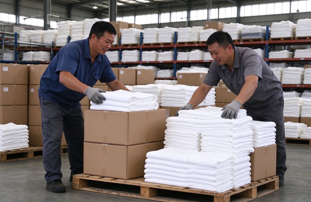 Two Asian workers stacking cartons of folded white towels on wooden pallets in bright warehouse with shelves of stock wholesale towels bulk storage China distribution ready hotel spa towels wholesale factory direct China supply bulk order