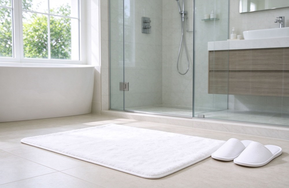 Thick white cotton bath mat laid on tile bathroom floor outside glass shower with white slippers non slip absorbent bath mat hotel wholesale water resistant backing safe hotel spa towels wholesale factory direct China supply bulk order sample available