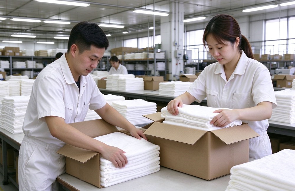 Asian workers packing folded white towels into cartons in bright workshop, showing bulk hotel spa towel packing and wholesale ready inventory