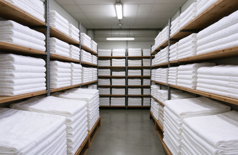 Bright linen storage room with wooden shelves full of stacked folded white cotton towels and bath mats wholesale towels organized stock factory supply China ready order hotel spa towels wholesale factory direct China supply bulk order