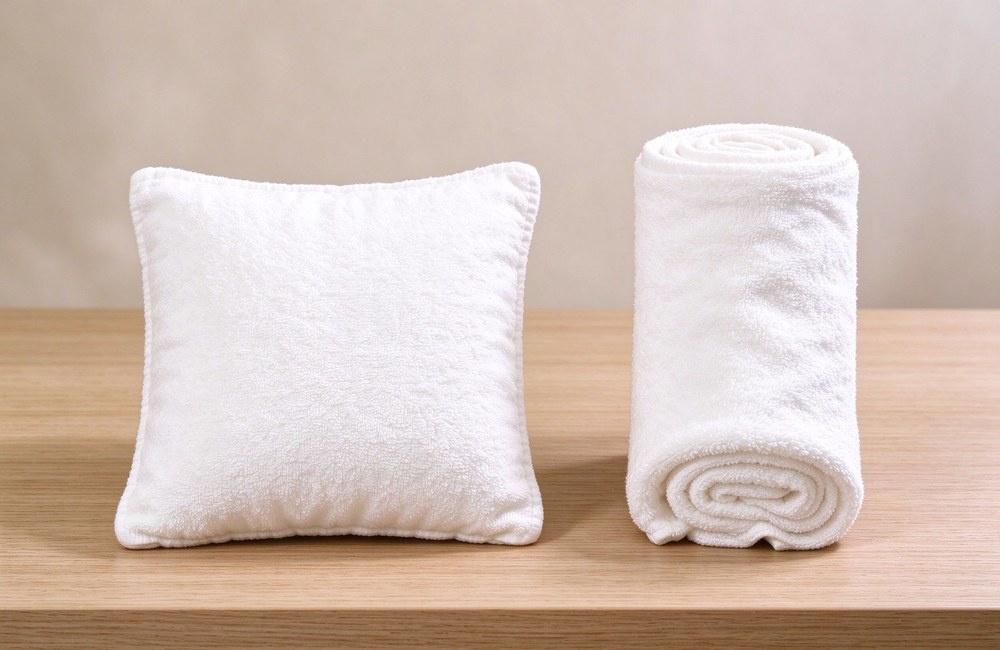 Small white cotton SPA towels breast pillow cover and rolled cylindrical head wrap side by side on light wood spa towels wholesale set components coordinated treatment room order hotel spa towels wholesale factory direct China supply