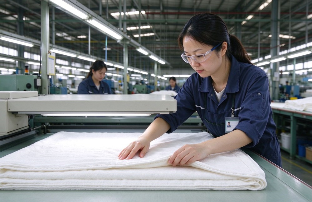 Asian female QC worker hand touching and pulling stitched seam edge of white towel under light inspection box no magnifier hotel towels quality control factory China inspection hotel spa towels wholesale factory direct China supply bulk order sample available
