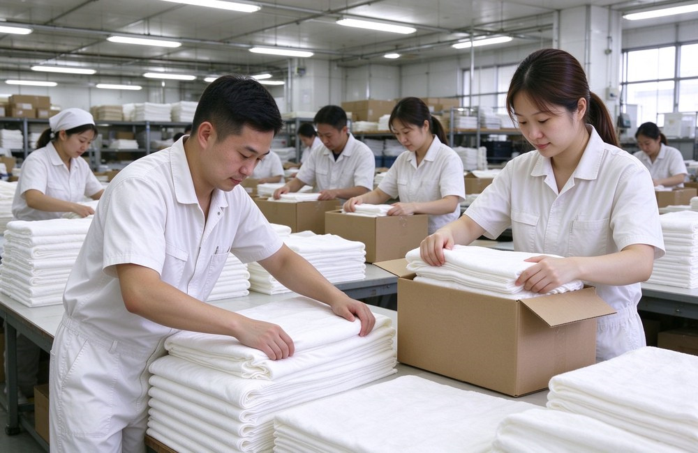 Stacks of folded white cotton towels individually wrapped in clear plastic polybags ready for wholesale carton packing wholesale towels China factory export order supply hotel spa towels wholesale factory direct China supply bulk order sample available
