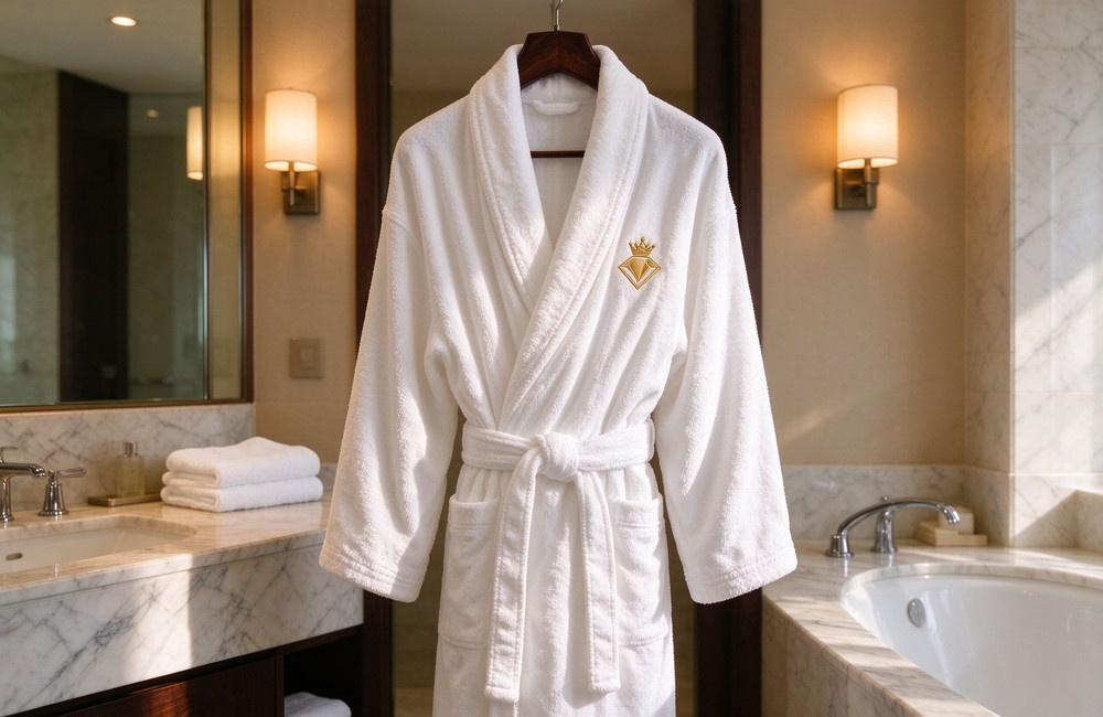 Pure white plush cotton terry bathrobe with gold embroidered crown logo on the chest hanging on a dark wood hanger in a bright hotel spa bathroom with marble vanity, soft absorbent hotel spa bathrobe wholesale