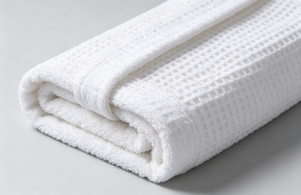 Folded double layer bathrobe fabric turned over to show the waffle honeycomb weave outside and the soft fluffy terry loop inside in one frame, terry and waffle bathrobes construction detail for wholesale spa robes