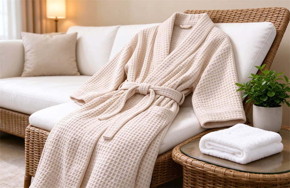 Light beige waffle weave bathrobe draped on a rattan chair in a bright spa lounge with white towels and green plant, breathable hotel spa waffle robe
