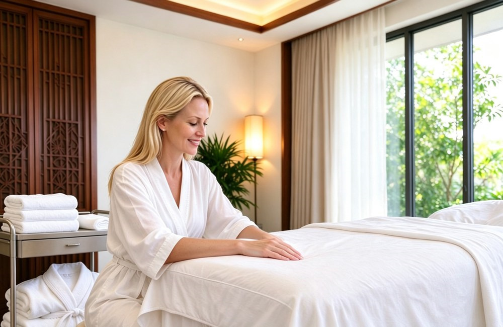 Relaxed smiling caucasian woman wrapped in a clean white terry bathrobe sitting on a bed in a bright modern hotel spa room, folded towels on a side cart, spa bathrobes wholesale guest experience