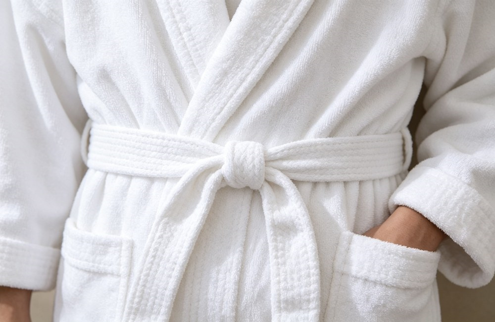 Closeup of a white cotton terry bathrobe belt sash tied in a neat flat knot at the waist with a front inset pocket visible, matching belt and pockets detail for wholesale hotel bathrobes