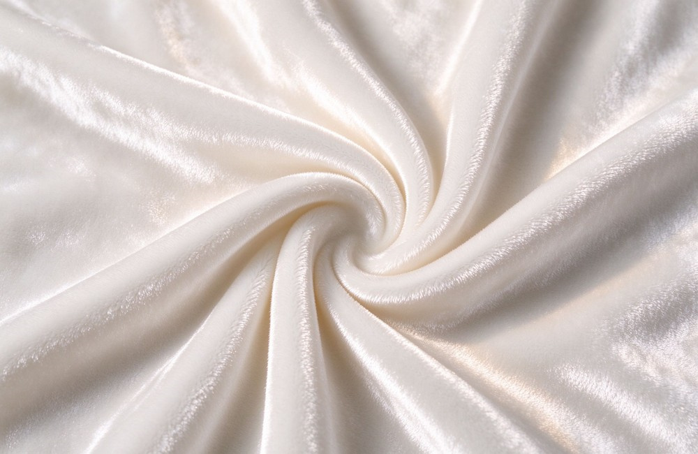 Smooth silky white cotton velour bathrobe fabric with soft lustrous sheen and gentle draped folds, luxurious plush cut pile velour bathrobe material close-up for hotel spa robes wholesale