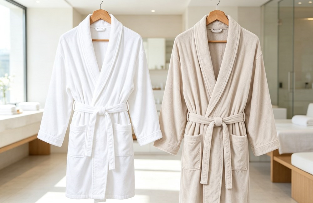 Short knee length and long calf length bathrobes hanging side by side on wooden hangers in soft white and light beige in a bright spa interior, terry and waffle bathrobes length options for wholesale spa robes