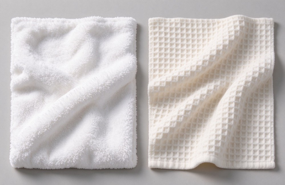 Soft plush white terry cloth and soft waffle weave bathrobe fabric swatches side by side on light gray background, both fluffy comfortable absorbent hotel spa bathrobe materials close-up comparison
