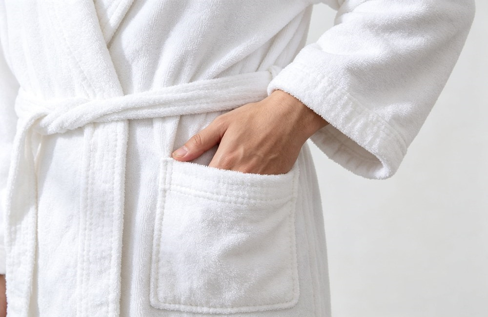 Closeup of a hand resting inside the front inset patch pocket of a white cotton terry bathrobe showing neat even stitching, bathrobe pocket detail for wholesale hotel robes and spa linens