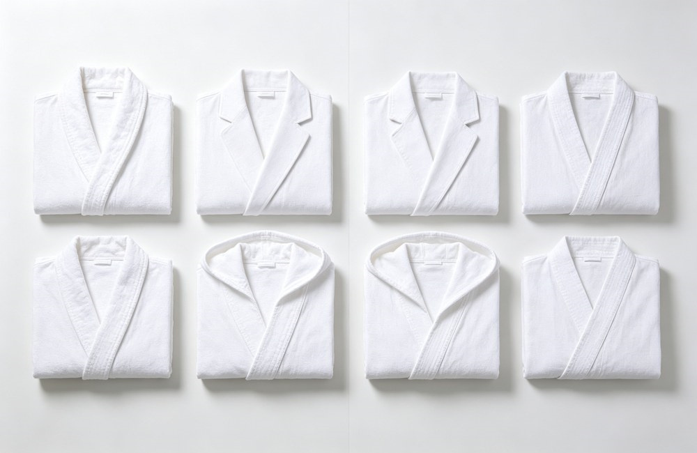 Neat grid of folded white bathrobes each on a neatly folded robe showing four collar styles shawl collar, notched suit collar, hooded collar and kimono cross over, bathrobe collar options for custom wholesale spa robes
