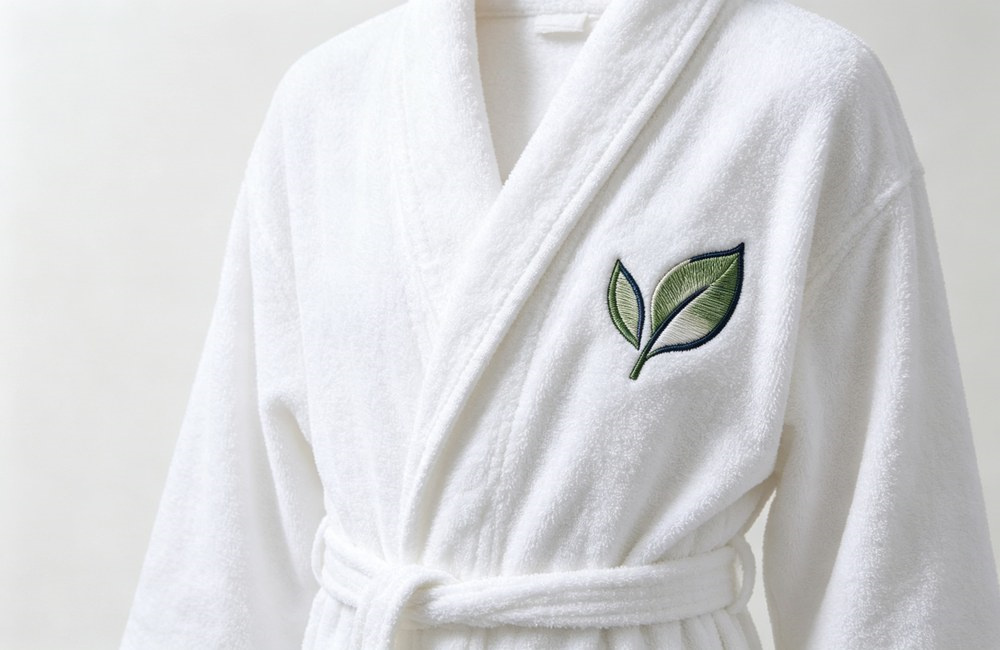 Closeup of a small clean embroidered leaf emblem stitched on the left chest of a white cotton terry bathrobe, custom logo bathrobes embroidery detail for hotel branding and spa gift retail