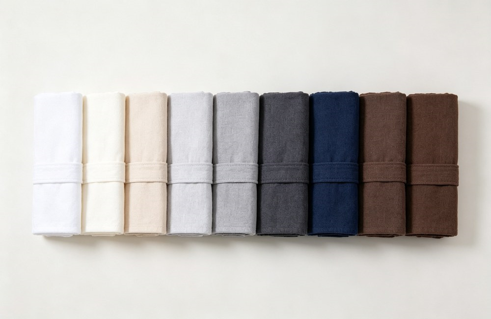 Neat row of folded cotton bathrobe fabric color swatches in white, ivory, beige, light gray, dark gray, navy and coffee brown, Pantone custom color options for wholesale hotel spa bathrobes