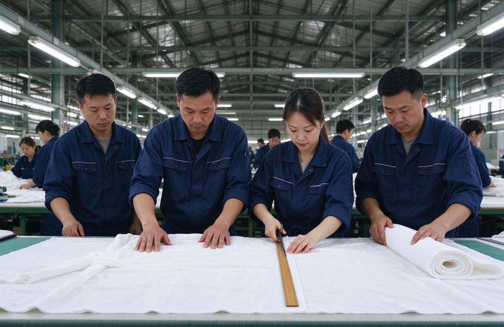 Asian male and female garment workers with distinct faces in dark blue work uniforms cutting white cotton bathrobe fabric on a long table in a bright sewing workshop, several workers present, wholesale bathrobes manufacturing in China