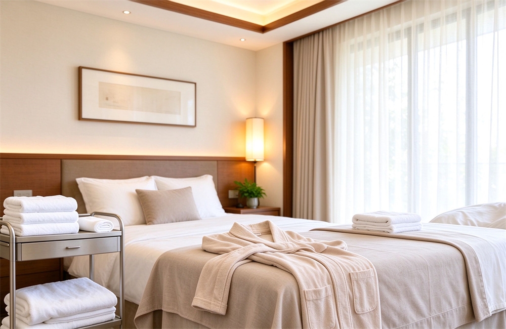 Soft beige cotton bathrobe neatly draped at the foot of a made up hotel spa bed with warm wood headboard, cozy hotel spa bathrobe wholesale