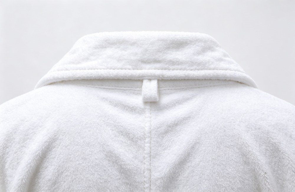 Closeup of the small fabric hanging loop sewn at the inner back neck collar of a white cotton terry bathrobe for hanging on a hook, neat stitching detail for hotel bathrobes wholesale