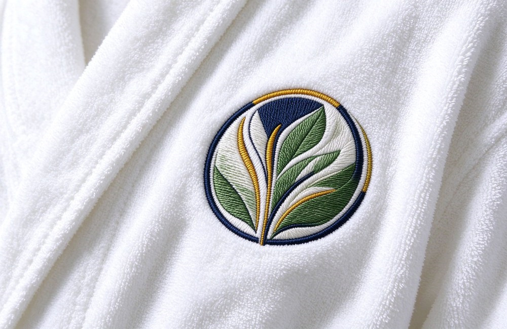 White terry bathrobe chest with detailed logo embroidery in blue green and gold thread, showing custom logo options for branded hotel spa bathrobe orders White terry bathrobe chest with detailed logo embroidery in blue green and gold thread, showing custom logo options for branded hotel spa bathrobe orders