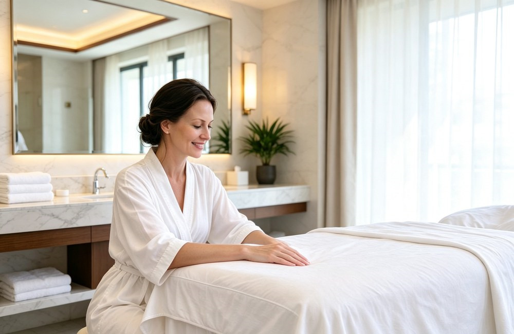 Relaxed caucasian woman with dark hair wrapped in a clean white terry bathrobe in a bright modern hotel bathroom with a marble vanity and folded towels, fresh spa bathroom atmosphere